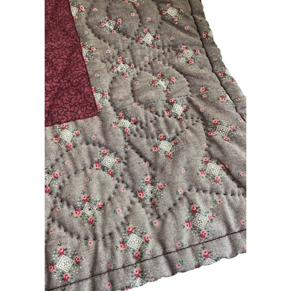 Wall Hanging Quilt Roses Cross Stitch Burgundy Handmade Vintage Handquilted